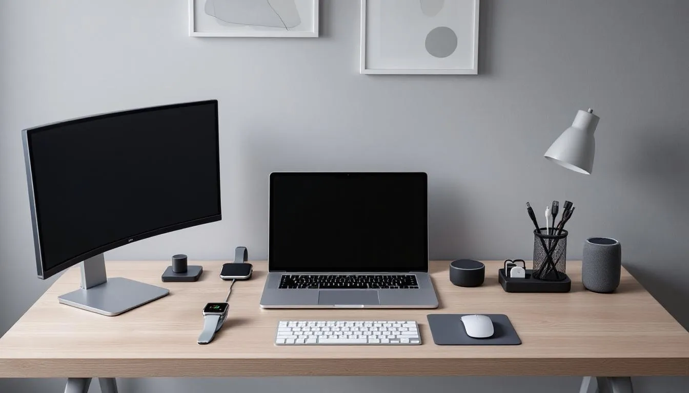 Na biurku znajdują się nowoczesne gadżety technologiczne, takie jak smartfony, tablet oraz bezprzewodowe słuchawki, które mogą być doskonałym pomysłem na prezenty firmowe dla pracowników. Te oryginalne prezenty z pewnością sprawią radość i będą praktycznym upominkiem w codziennej pracy.