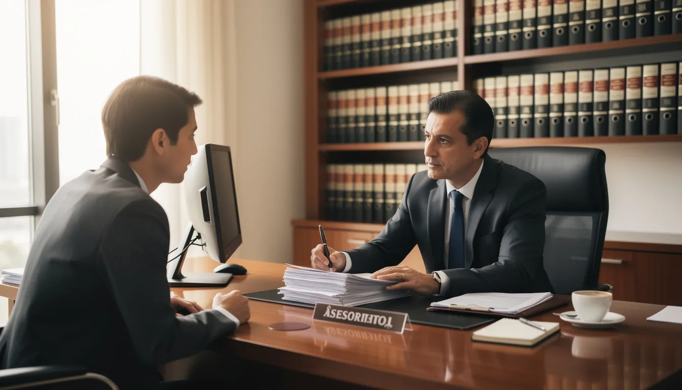The image depicts a lawyer consulting with a client in an office setting, discussing important details related to a bus accident case. The lawyer is focused on protecting the client's rights and providing guidance on potential damages and responsibilities following an accident involving a public transportation vehicle.
