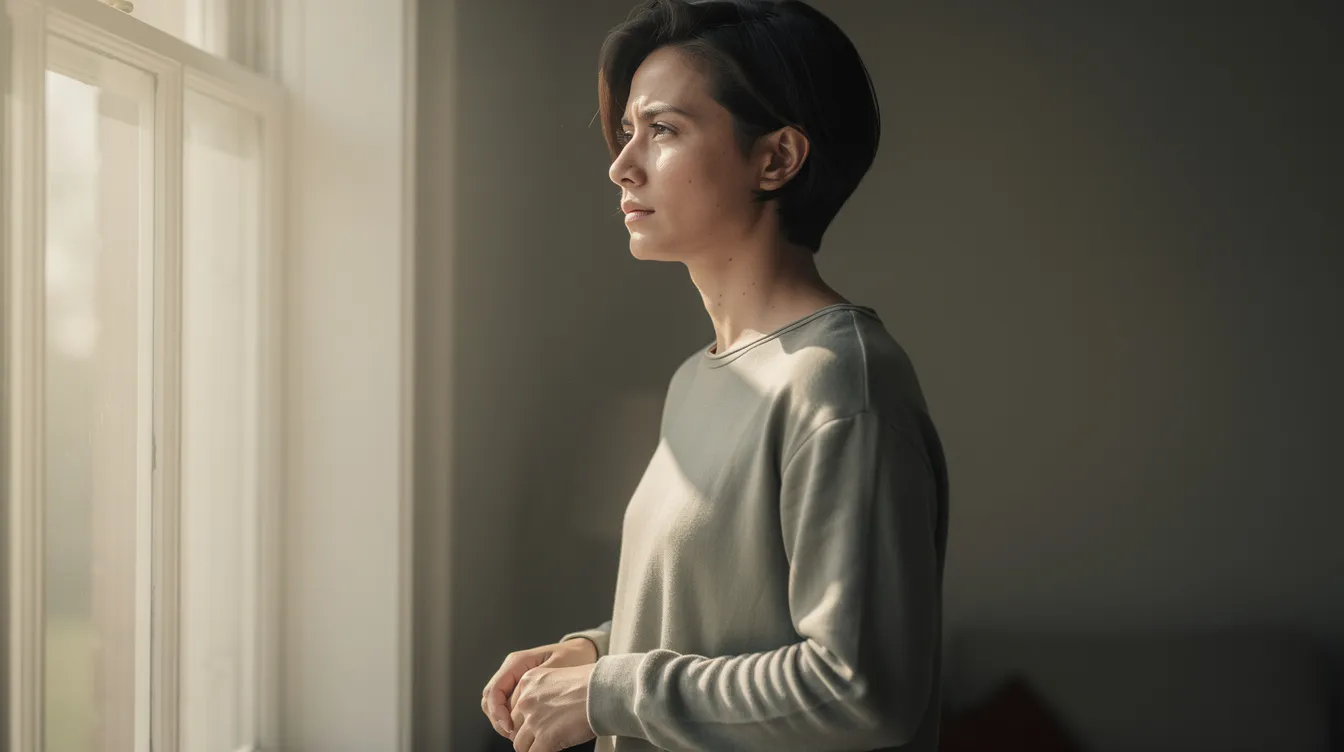 A person gazes thoughtfully out a window, bathed in soft natural light, embodying a moment of quiet reflection. This image resonates with the emotional support often sought by family caregivers, who navigate caregiving responsibilities for older adults and loved ones.