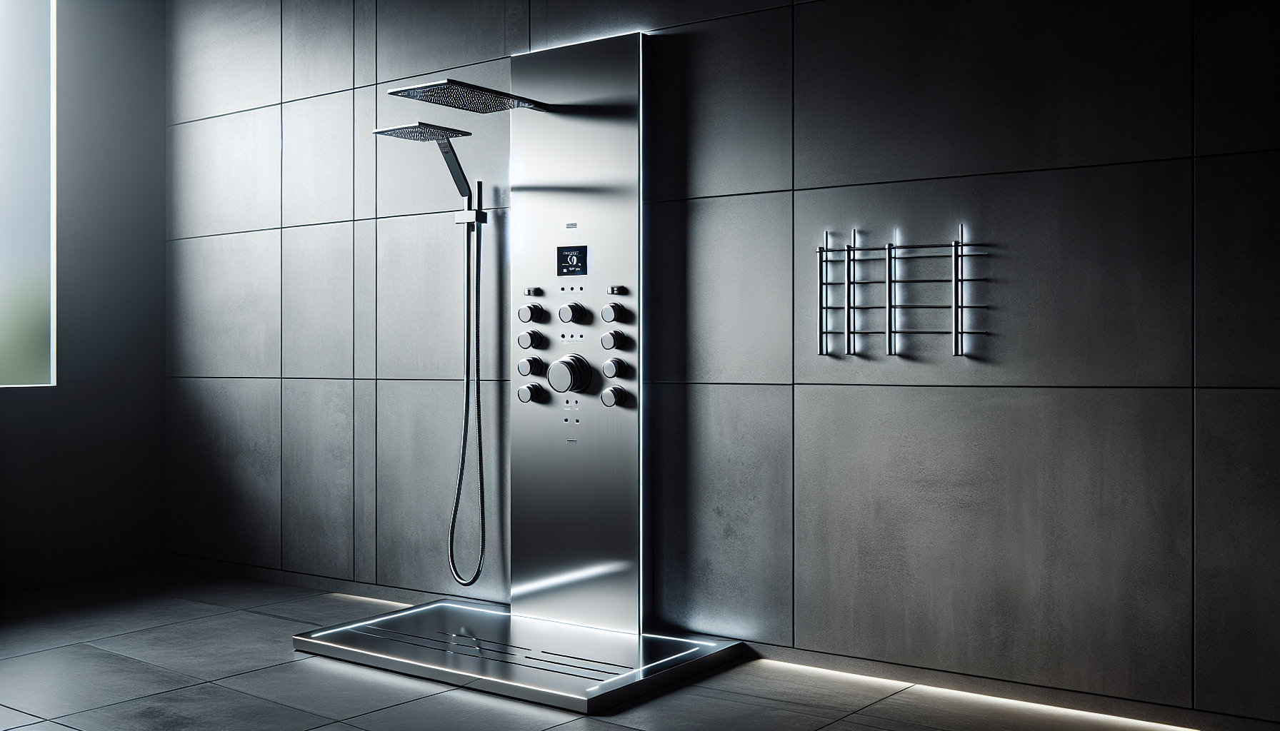 A modern multi-functional shower system with sleek design and smart technology