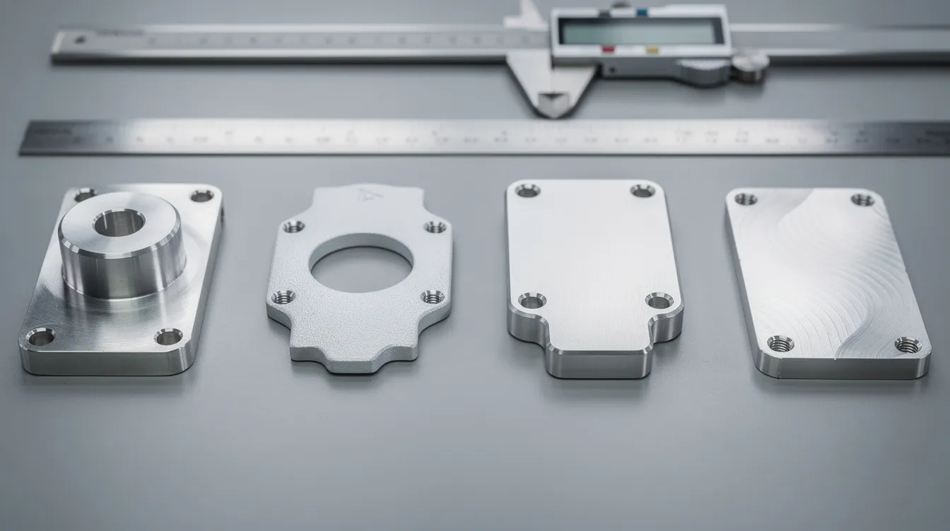 The image features multiple CNC-machined aluminum parts with varying surface finishes meticulously arranged on an inspection table, showcasing the precision and quality associated with CNC machining services. These high-quality parts reflect the advanced technology and capabilities of CNC machining companies, highlighting their commitment to meeting tight tolerances and industry standards.