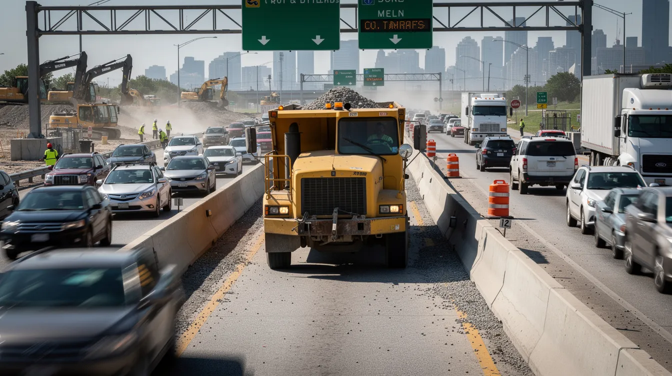 A dump truck is seen in a busy highway construction zone, surrounded by concrete barriers and heavy traffic. This scene highlights the potential for truck accidents, emphasizing the importance of having an experienced truck accident lawyer to navigate the legal process and seek compensation for victims.