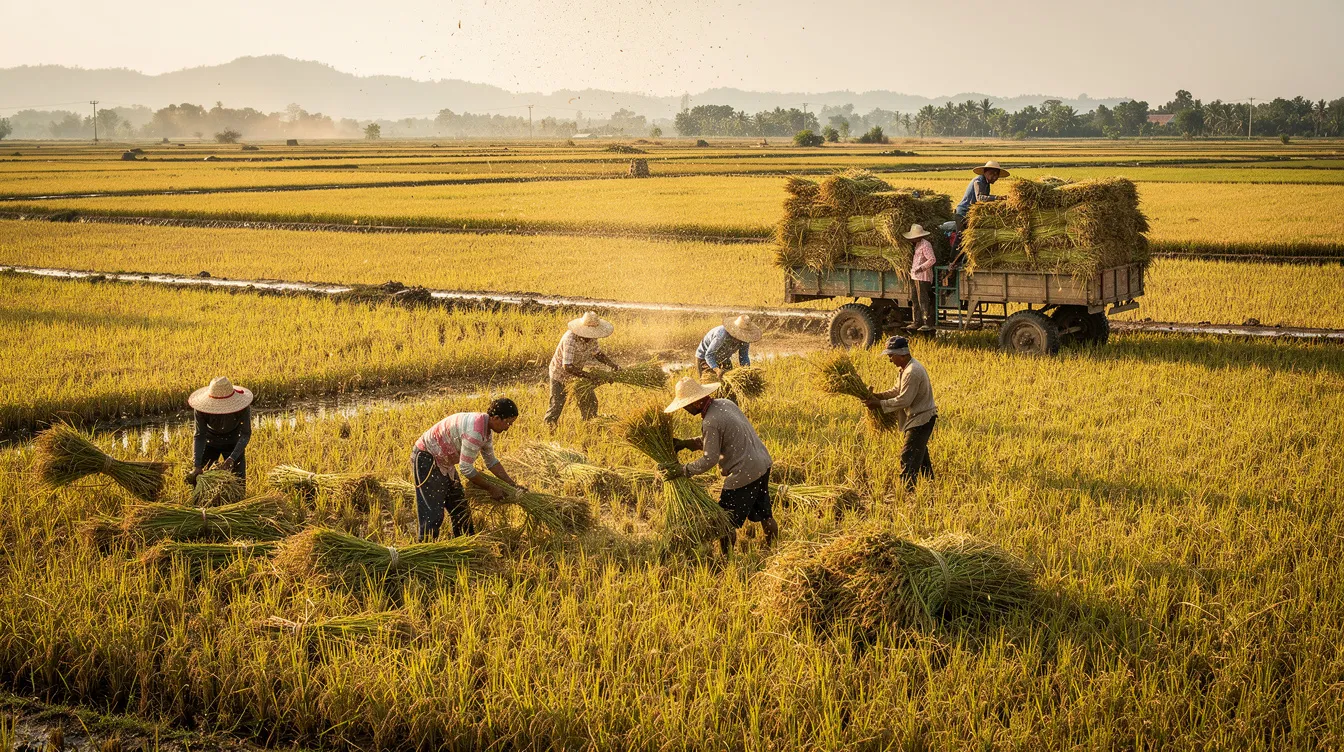 81e41e87 0ae7 4d66 96e4 679a90e04534 The image depicts golden paddy fields bustling with activity as farmers harvest rice, working alongside loaded tractors. This scene highlights the crucial role of paddy procurement in the rice milling process, reflecting the hard work that supports the rice mill industry.