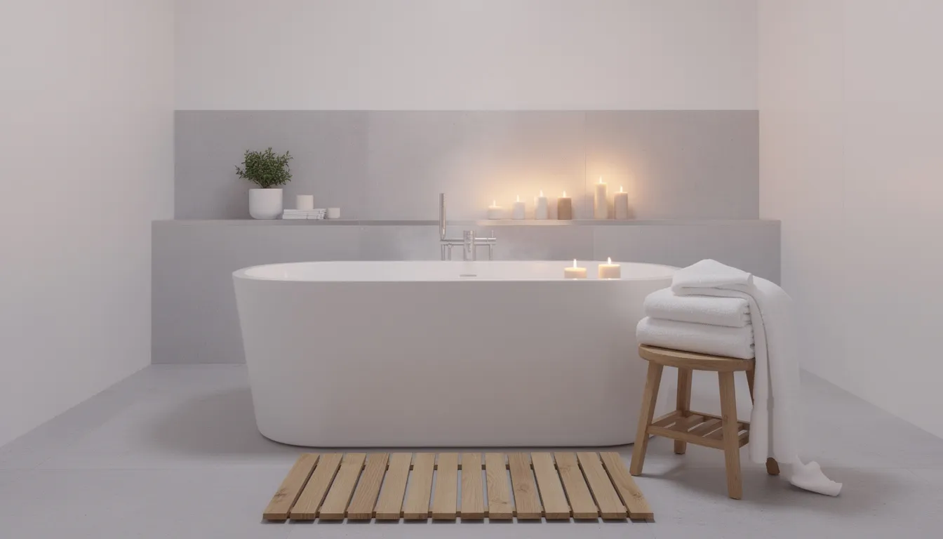 The image depicts a minimalist Nordic bathroom featuring a wooden bath mat, neatly arranged white towels, and a warm ambiance created by soft candlelight, evoking a serene space for relaxation and wellness. This setting embodies the essence of creating a Scandinavian spa experience at home, inviting users to unwind and indulge in the health benefits of heat therapy and sauna bathing.