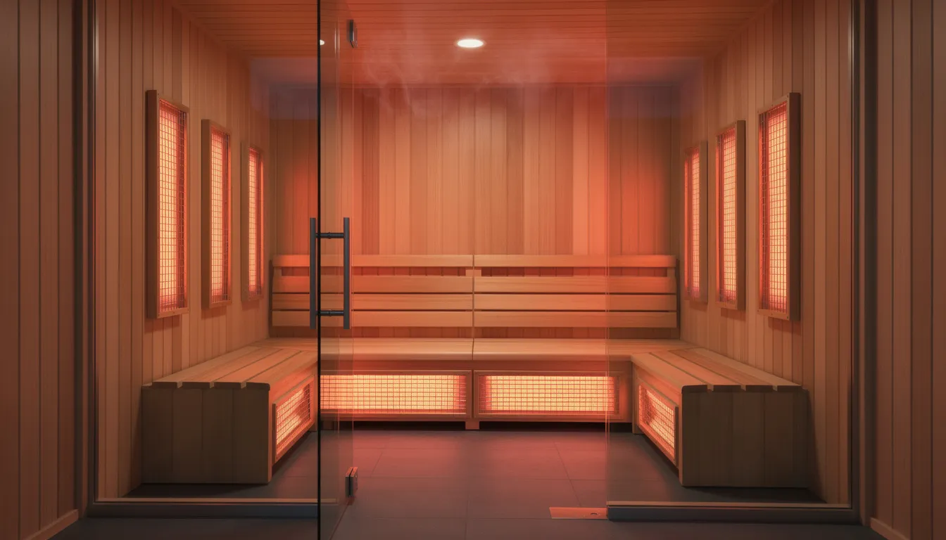The image features modern infrared sauna panels installed inside a sleek wooden cabin, complete with a glass door. This indoor sauna offers a private retreat for relaxation and health benefits, utilizing infrared heat to enhance muscle recovery and promote cardiovascular health.