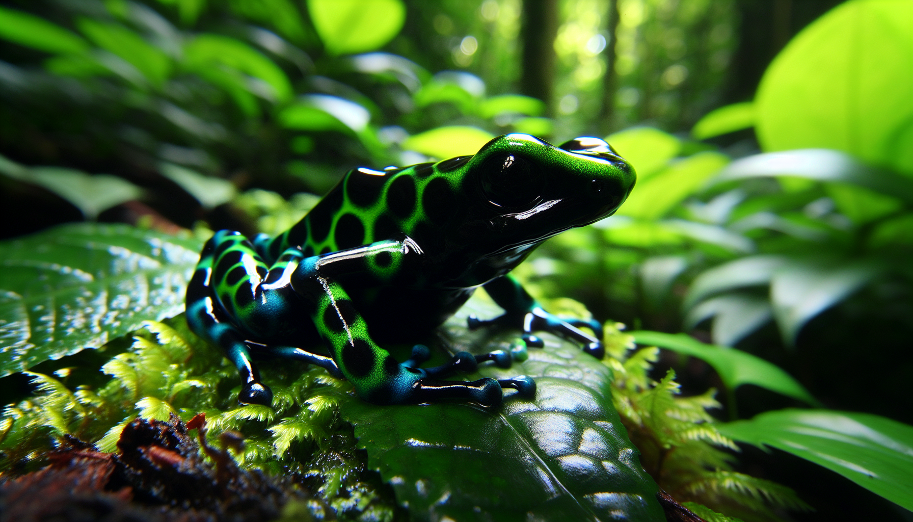 Elusive black poison dart frog camouflaged in foliage