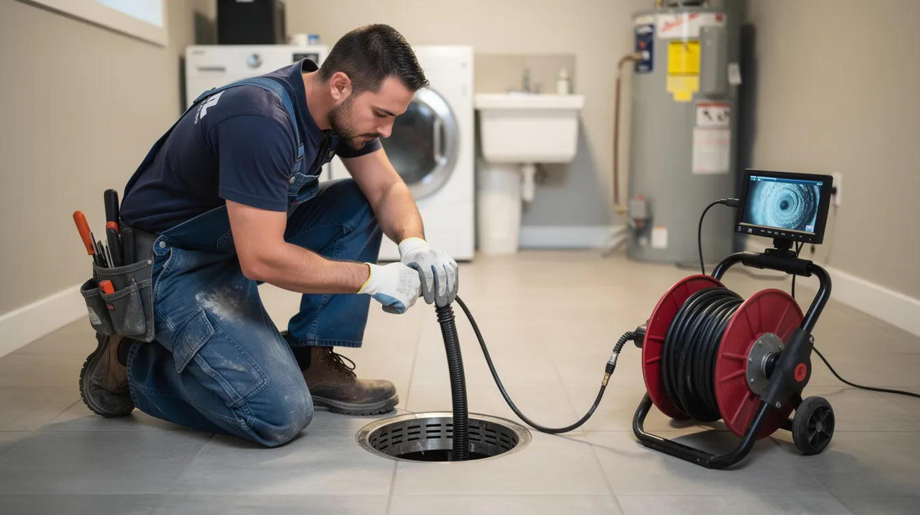 A plumber in work clothes is inserting a sewer camera inspection cable into a residential floor drain, preparing to assess potential plumbing issues such as clogged drains or sewer backups. This emergency plumbing service aims to identify problems efficiently and prevent further damage to the plumbing system.