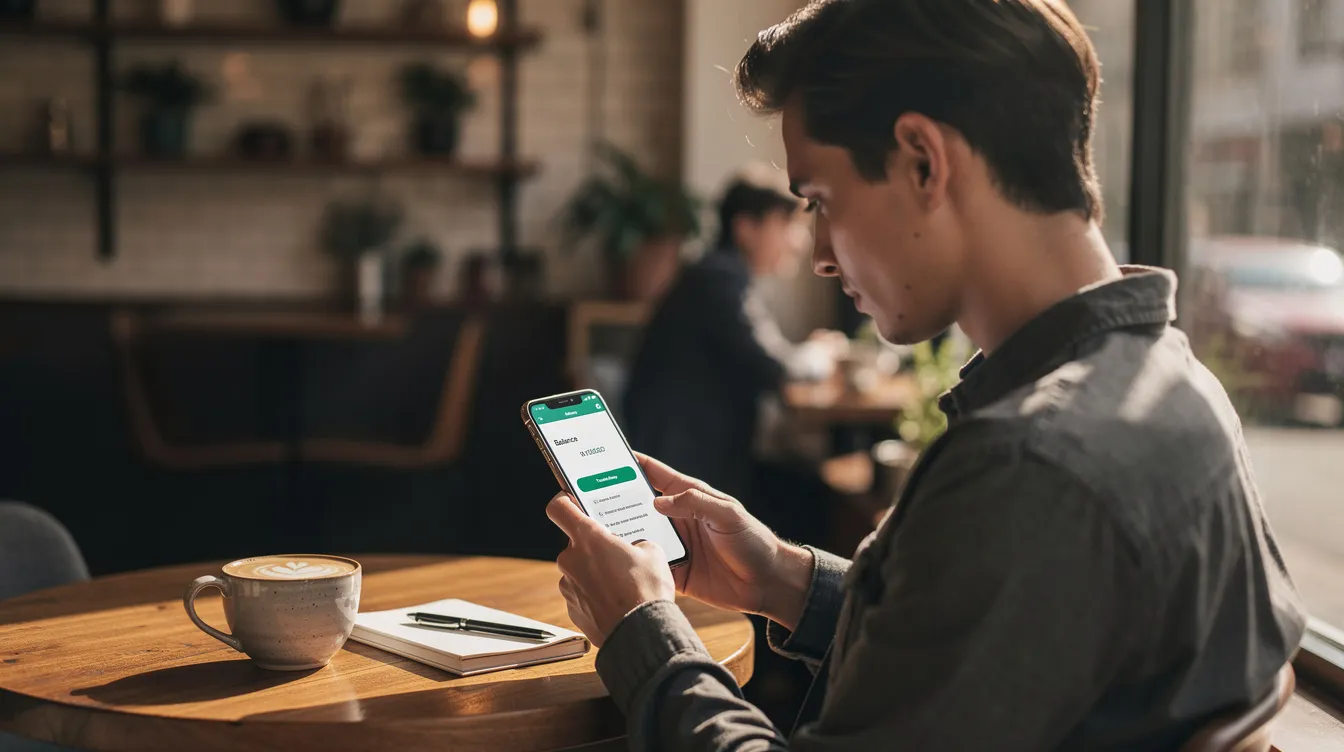 A person is sitting at a café table, focused on their smartphone as they engage in mobile banking, managing their bank account with ease. This scene highlights the convenience of local banking systems in Senegal, where mobile money platforms allow for seamless financial operations and affordable global finance.