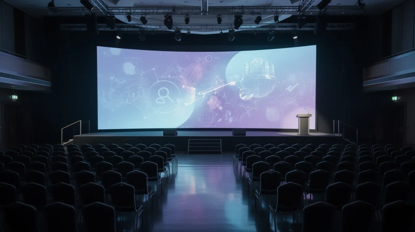 A wide LED video wall is prominently displayed on a stage in a large, dimly lit ballroom, with rows of chairs arranged in front, ready for an event. The setup showcases the potential for high-resolution content and custom layouts, ideal for indoor applications.