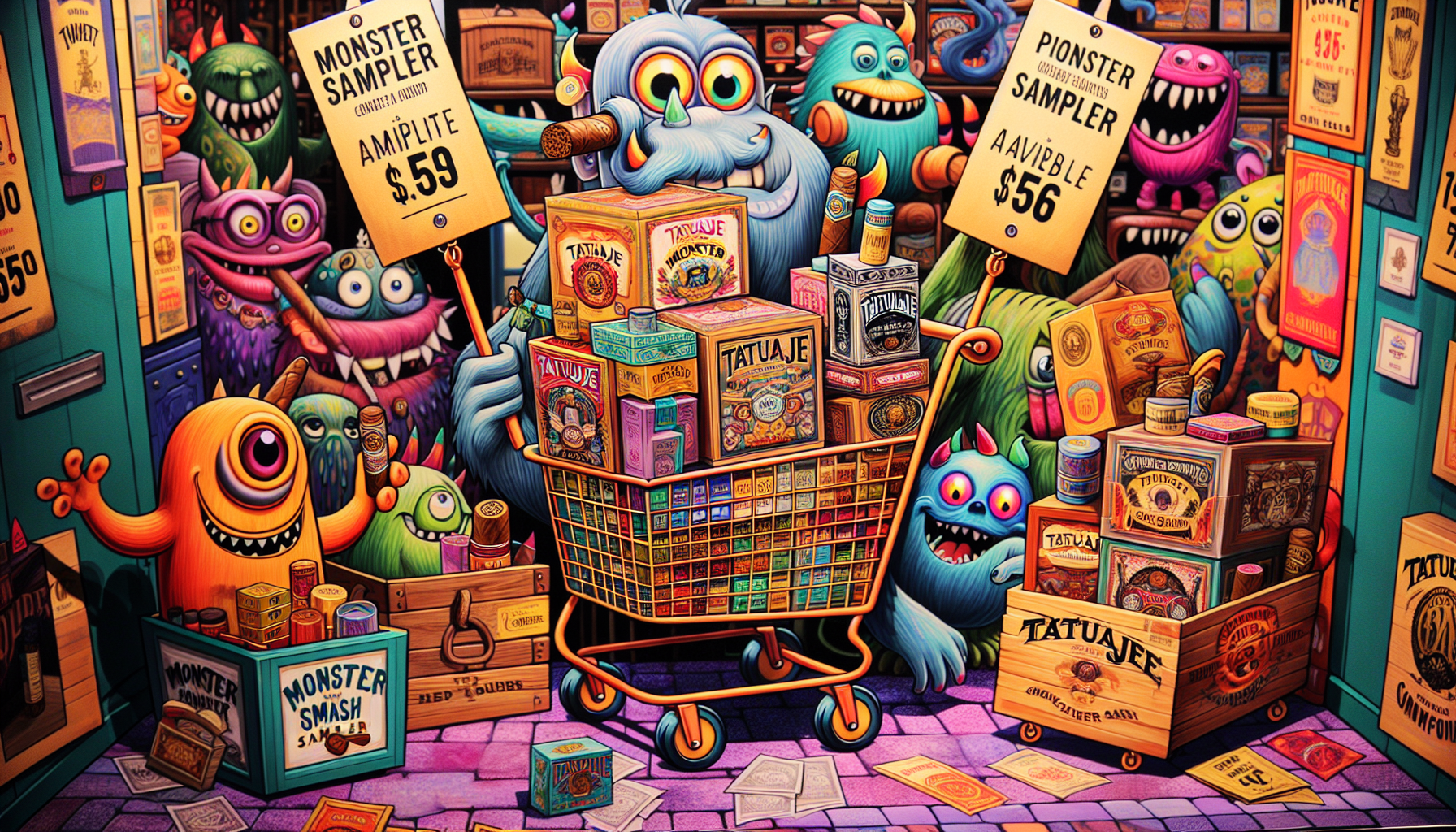 Artistic representation of the price and availability of the Tatuaje Monster Smash Sampler.