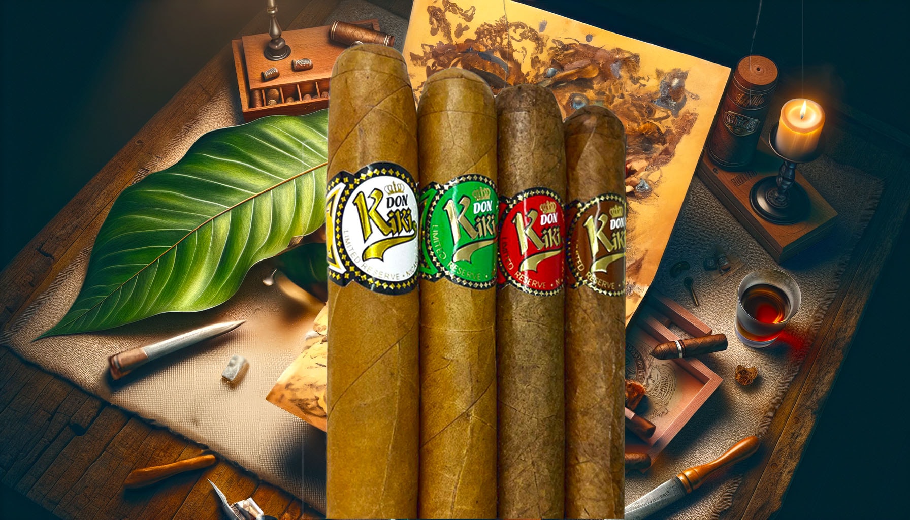 An artistic representation of the Don Kiki Limited Selection Platinum Label cigars.