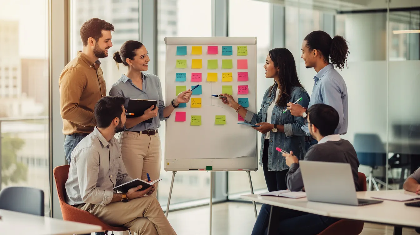 The image depicts a diverse team of professionals collaborating around a whiteboard filled with colorful sticky notes, representing various business processes and ideas in a modern office setting. This scene illustrates the importance of teamwork in business process management and the continuous improvement of workflows to enhance overall business performance.