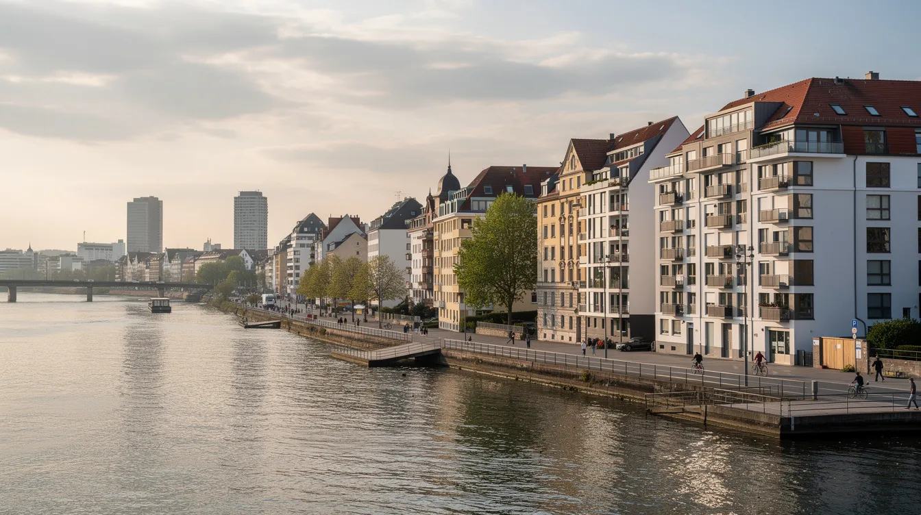 Das Bild zeigt ein Panorama einer deutschen Großstadt mit modernen Wohnhäusern und dem Rheinufer im Vordergrund. Die Szene vermittelt ein Gefühl von urbanem Leben, wobei viele Menschen die Umgebung genießen, während das Thema Wohngeld und die Unterstützung für Mieter in Nordrhein-Westfalen relevant sind.