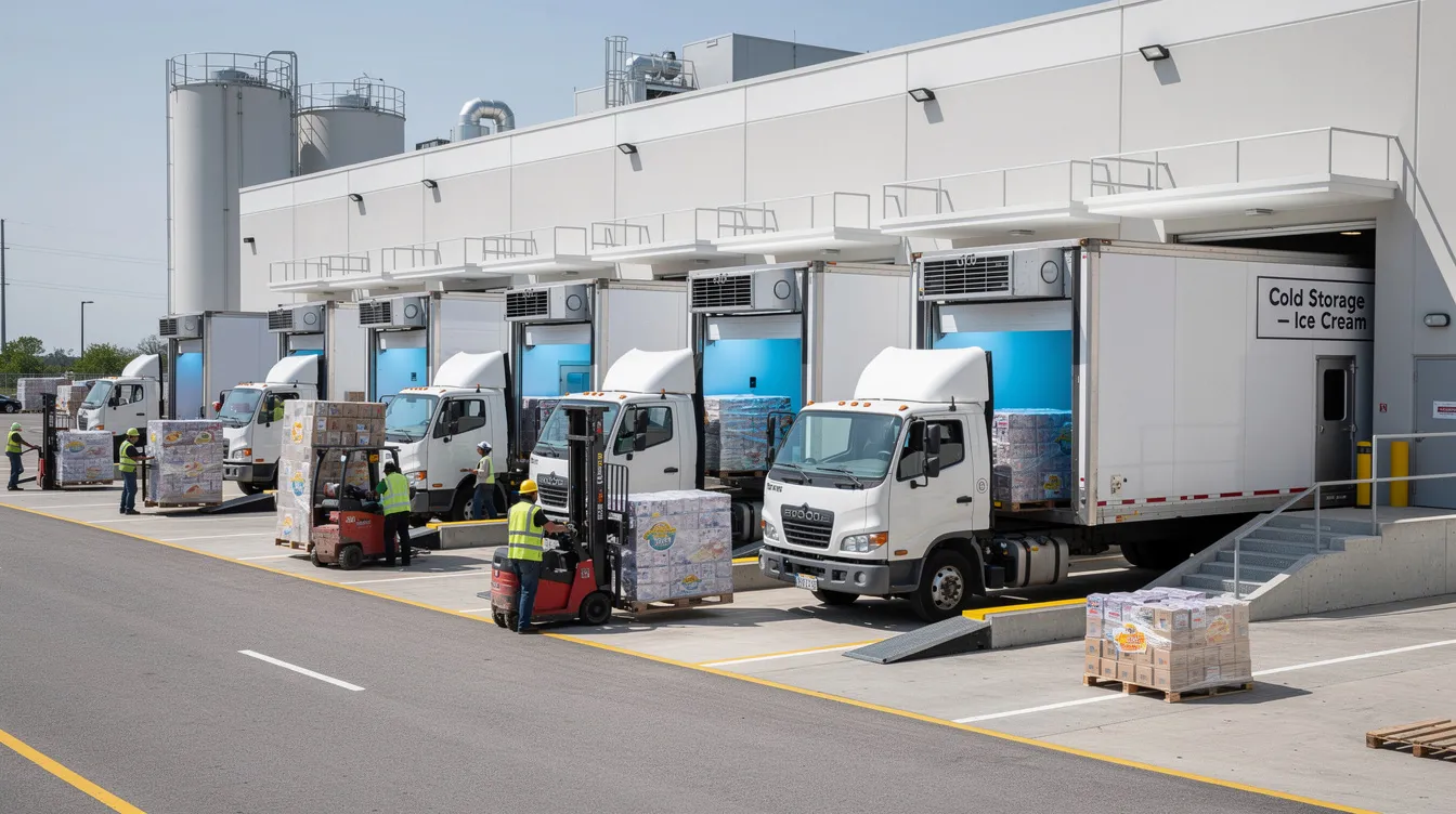 81eeff8e b263 40b0 8c48 1387fbbe5f49 The image depicts refrigerated distribution trucks being loaded with various ice cream products at a factory loading dock, highlighting the ice cream manufacturing unit's operational efficiency. The scene emphasizes the importance of cold chain infrastructure in the ice cream industry to ensure quality and freshness during distribution.