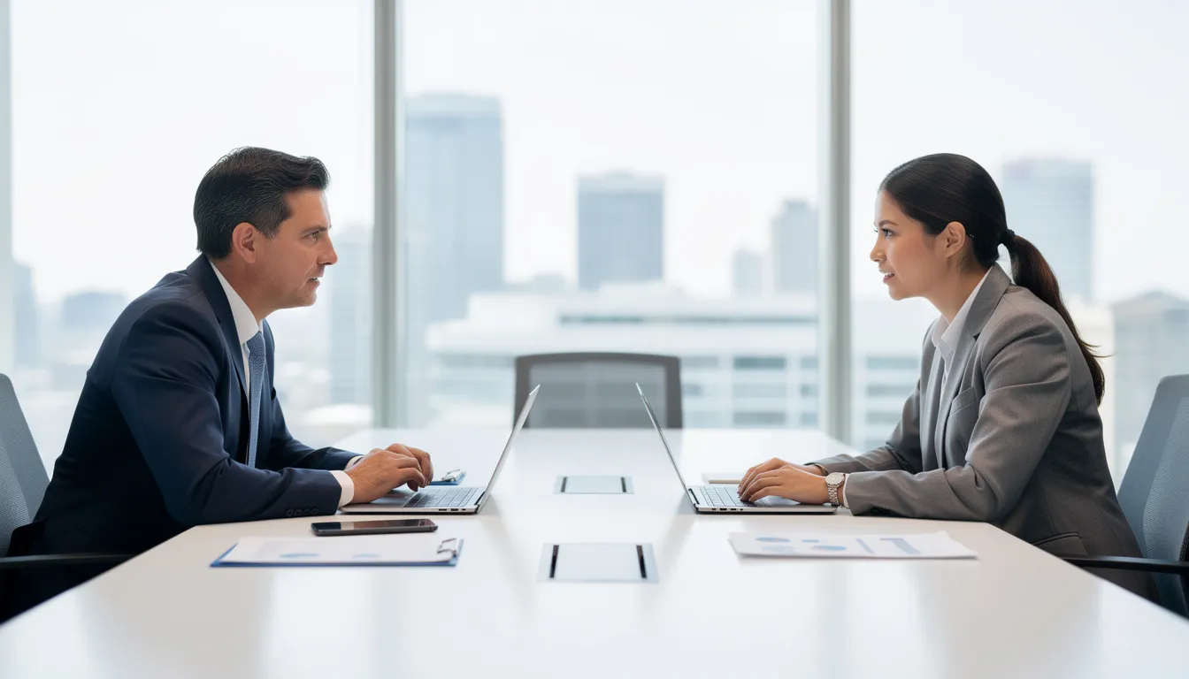 Roth IRA Conversion Estate Planning: A Practical Guide for Families 2 The image shows two professionals engaged in a meeting at a conference table, discussing strategies related to retirement savings and tax efficient investment decisions, including topics like Roth IRA conversions and the implications of tax laws on their financial planning. They appear focused and are likely exploring ways to optimize their retirement accounts for tax deferred growth and future tax free withdrawals.