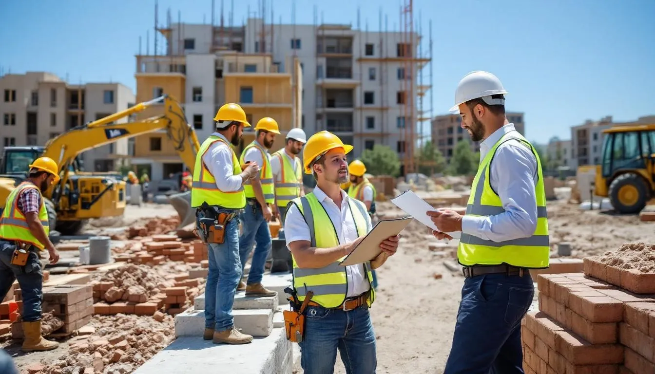The image depicts construction workers collaborating at a job site, alongside a building inspector reviewing plans and ensuring compliance with safety regulations. This scene highlights the importance of service provision and adherence to legal standards within the construction profession.