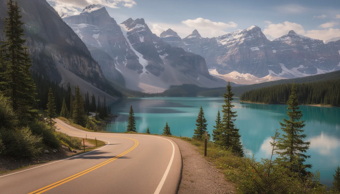 Une route pittoresque serpente à travers le parc national de Banff, bordée de montagnes majestueuses et d'un lac turquoise scintillant. Cette scène évoque la beauté naturelle du Canada, idéale pour un road trip en voiture de location, offrant une liberté d'explorer des lieux enchanteurs.