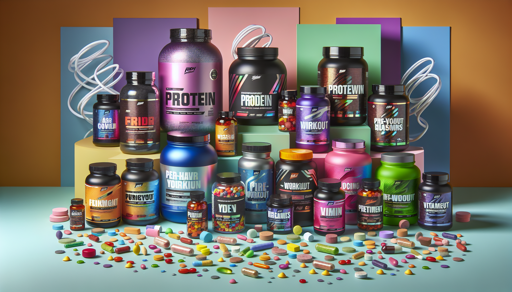 Various fitness supplements displayed with nutritional labels