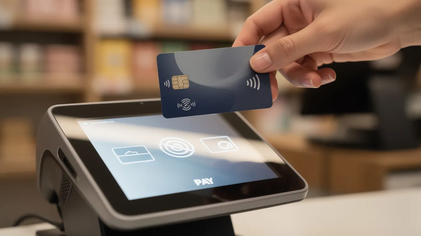 The image shows a credit card being tapped on an NFC payment terminal at a retail store, illustrating the convenience of credit card processing for in-person transactions. This method allows businesses to accept credit card payments quickly and securely, minimizing transaction fees and enhancing customer experience.