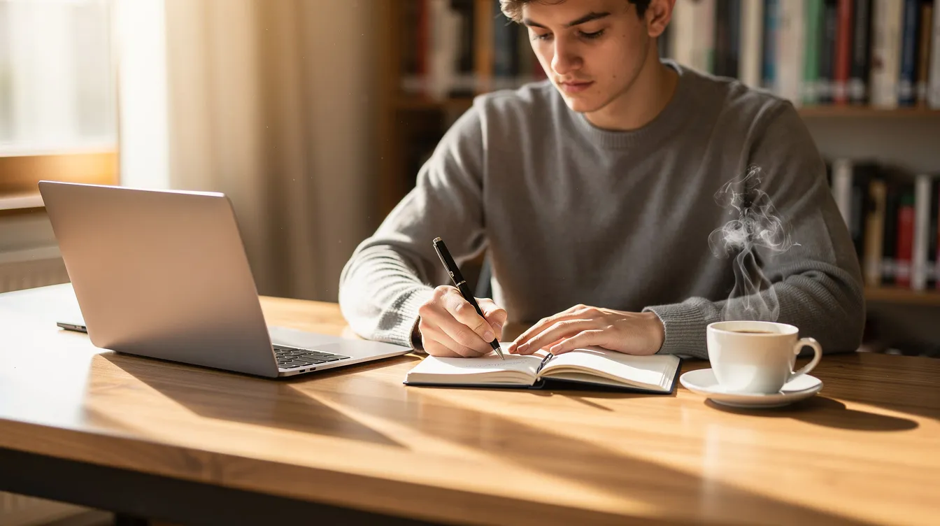A student is focused on writing notes beside a laptop and a coffee cup, surrounded by materials for their academic writing. The scene captures the essence of essay writing, showcasing the step-by-step process of organizing ideas and crafting a thesis statement.