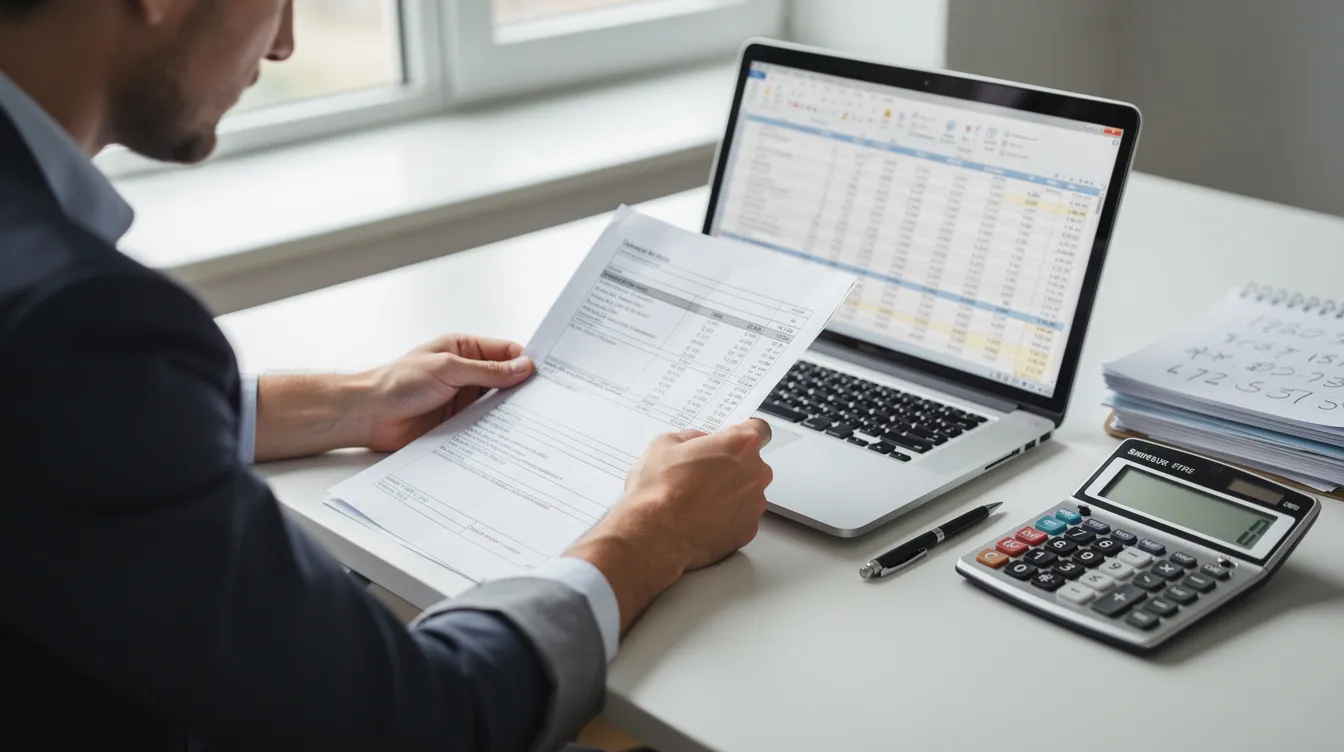 A person is sitting at a desk, focused on reviewing financial documents on a laptop, with a calculator placed nearby. This scene highlights the importance of understanding personal loans and financial details such as interest rates and repayment terms.