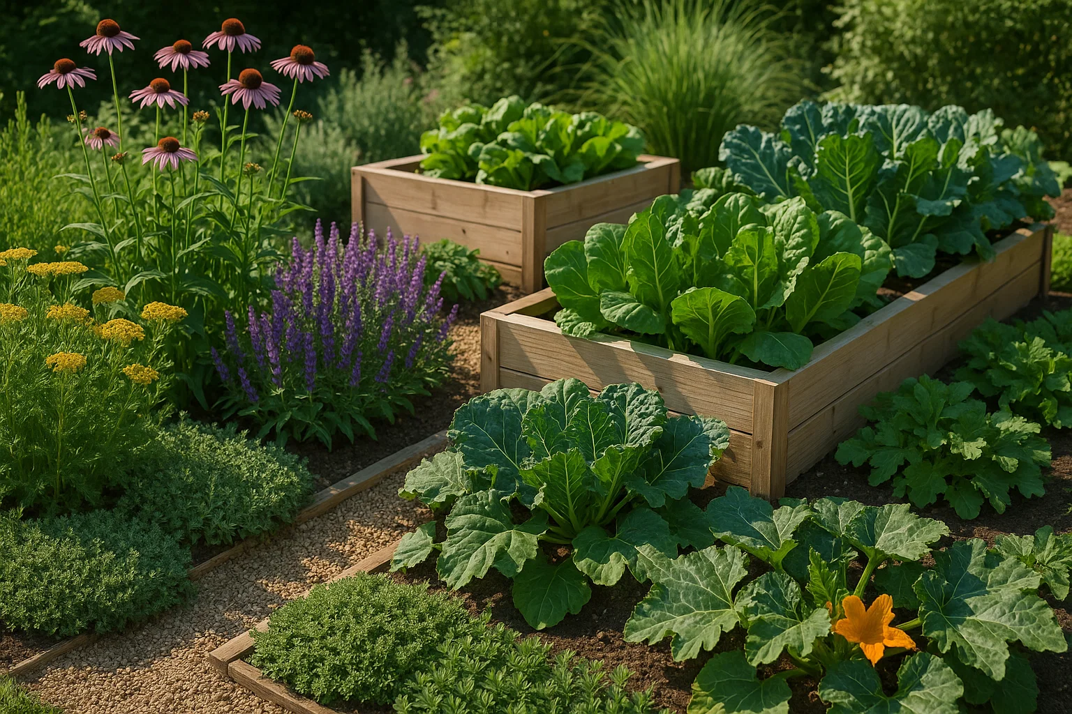 Raised planters with flowers, low plants, and a small vegetable garden.