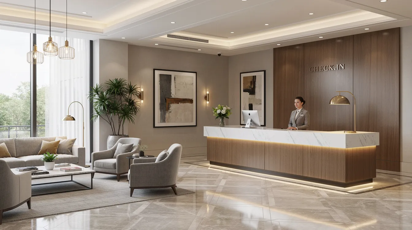 81f858be 1ff1 4b86 9560 eca5b0c8c7e2 The image depicts the interior of a hotel lobby featuring a sleek reception desk and a comfortable seating area, designed to welcome guests to a proposed hotel project. This inviting space reflects the hospitality industry's standards and is essential for conducting a detailed analysis in a hotel feasibility study.