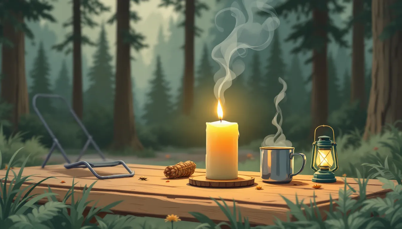 A lit citronella candle on a picnic table, enhancing the camping experience.