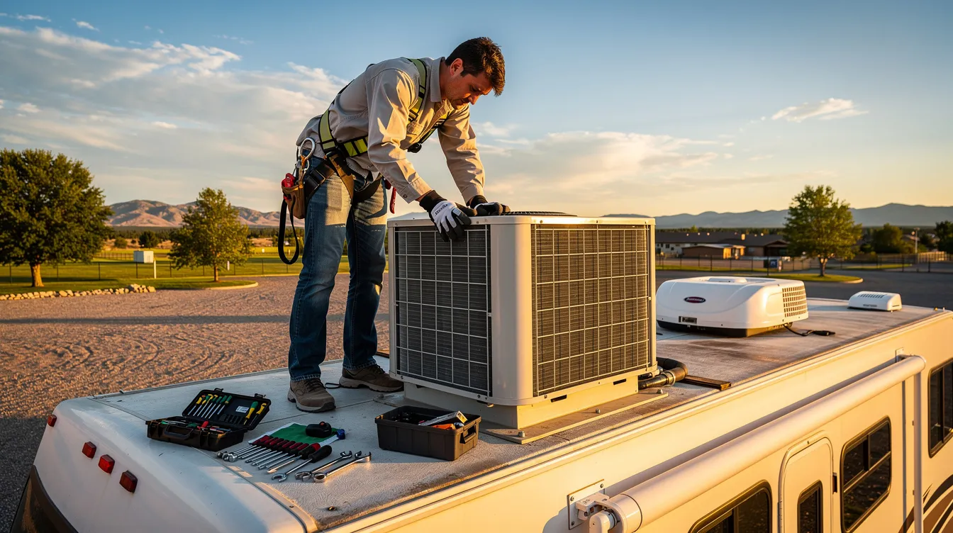 A person is standing on the roof of an RV, working near a rooftop air conditioning unit, with various tools laid out beside them. The scene captures the effort involved in maintaining the RV air conditioner, essential for staying cool during summer travel in warmer climates.