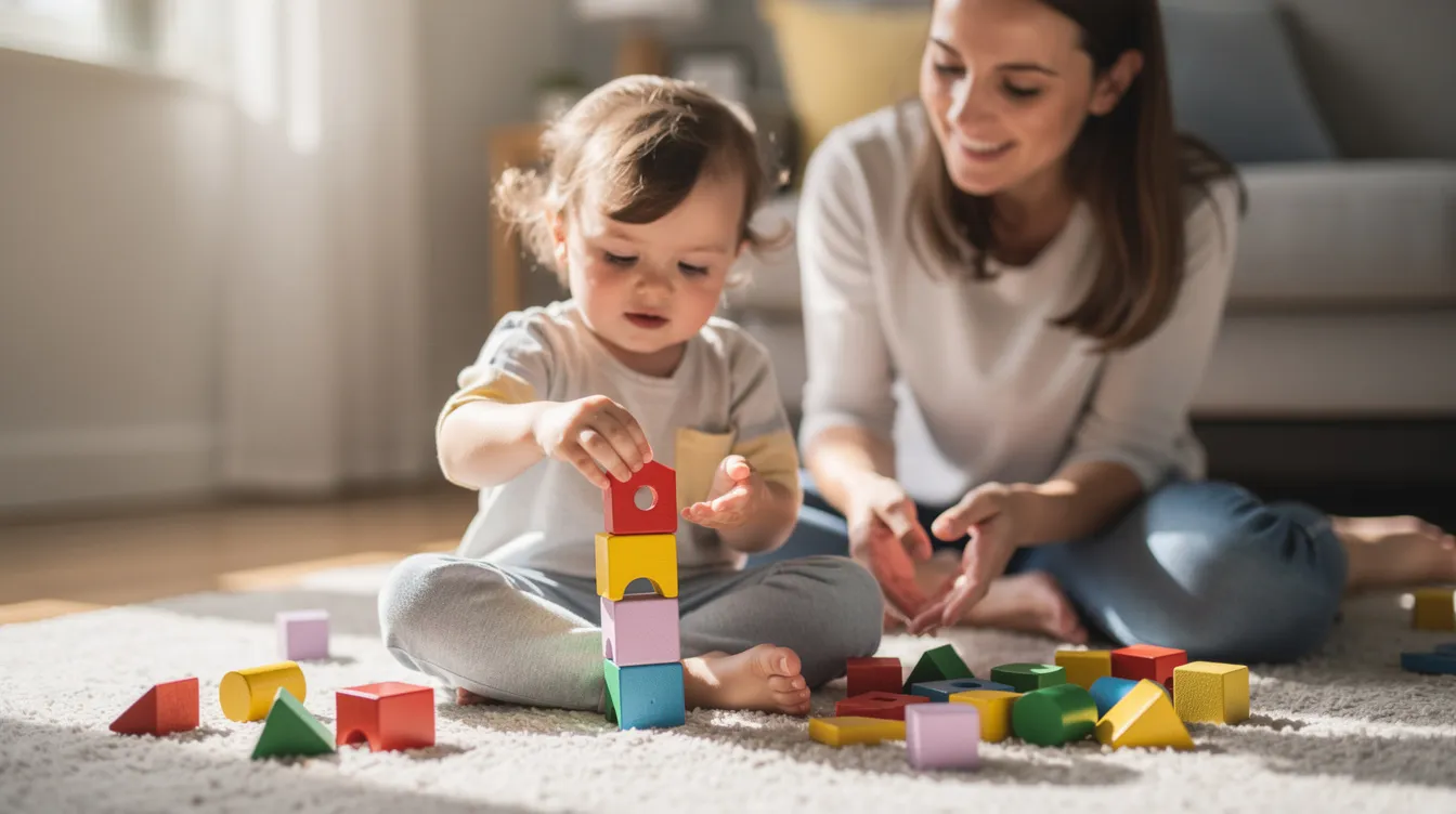 A young child is happily engaged in a play-based learning activity with colorful blocks, while a caring adult nearby offers support and encouragement. This interaction reflects a holistic approach to early intervention, fostering the child's development and helping to address various learning difficulties.