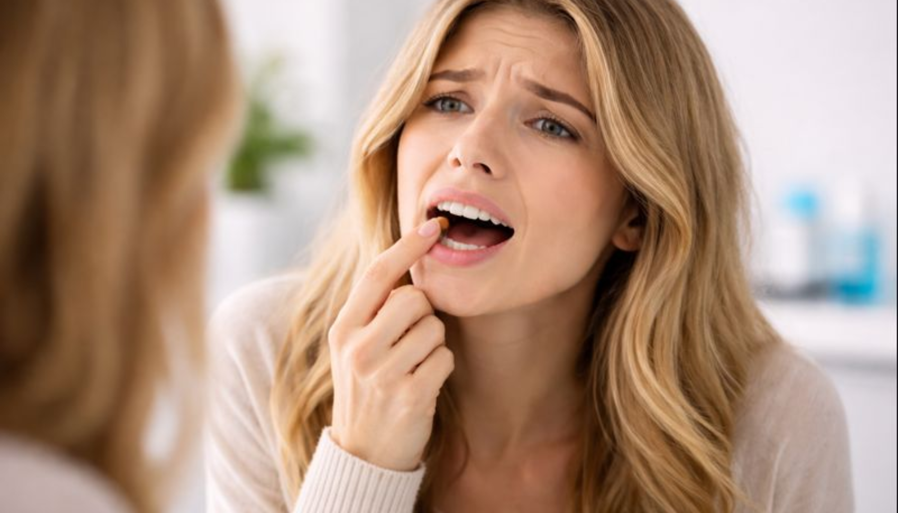 Løs Tann i Voksen Alder: Når Det Er Et Varseltegn 12 Kvinne undersøker løs tann foran speilet med bekymret uttrykk, omgitt av baderomsartikler i bakgrunnen.