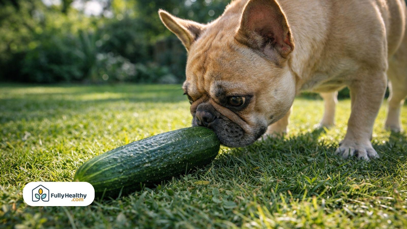 French bulldog sniffing whole cucumber on grass in sunny outdoor setting