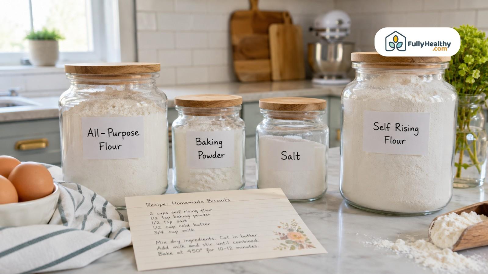 Labeled jars of all-purpose flour, baking powder, salt, and self-rising flour