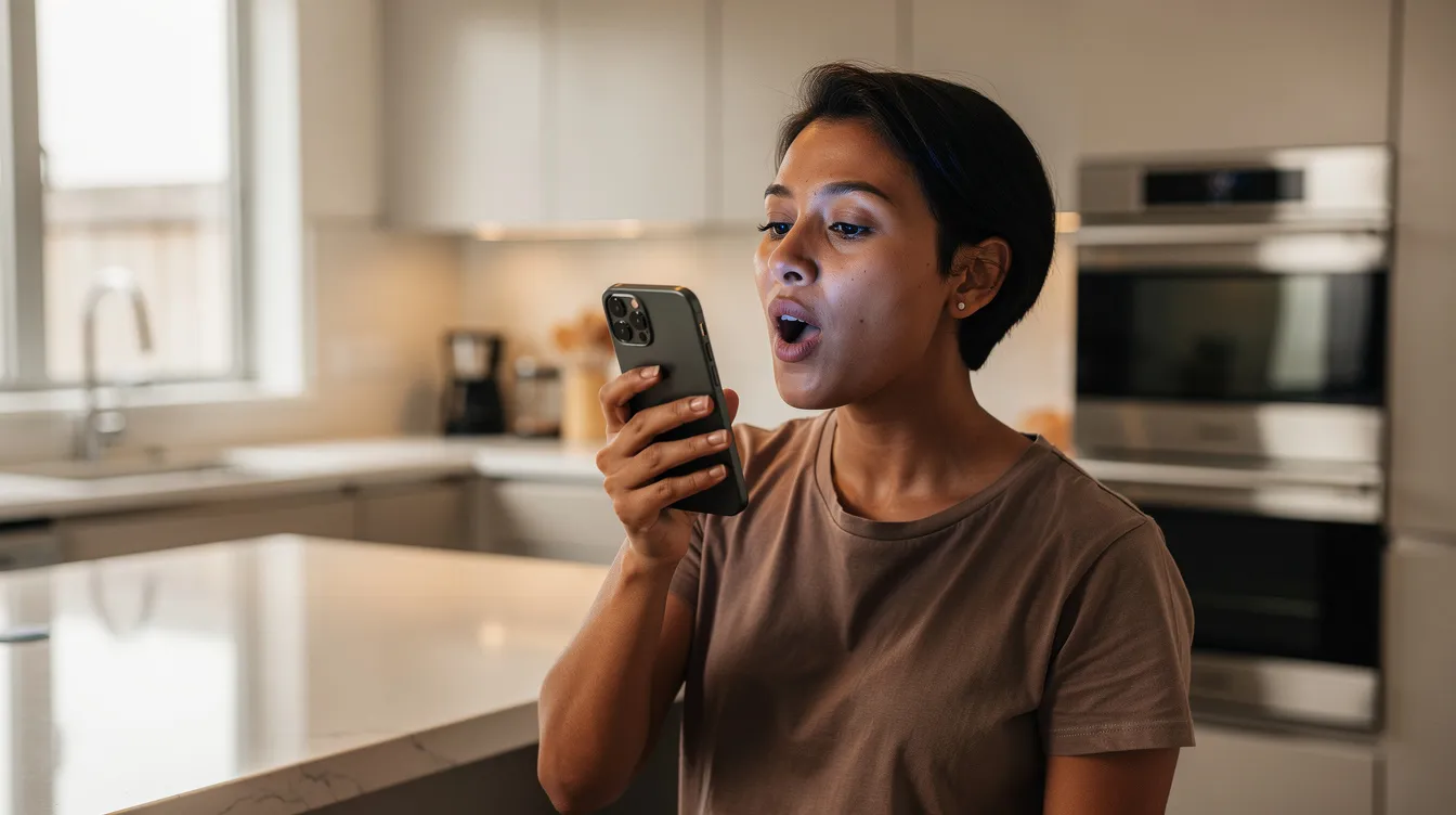 A person is speaking into a smartphone using a voice assistant while standing in a modern kitchen, surrounded by sleek appliances and bright lighting. This scene highlights the integration of technology in daily life, showcasing how voice assistants can assist with tasks, reflecting the growing importance of digital marketing strategies for local businesses in the electrical industry.