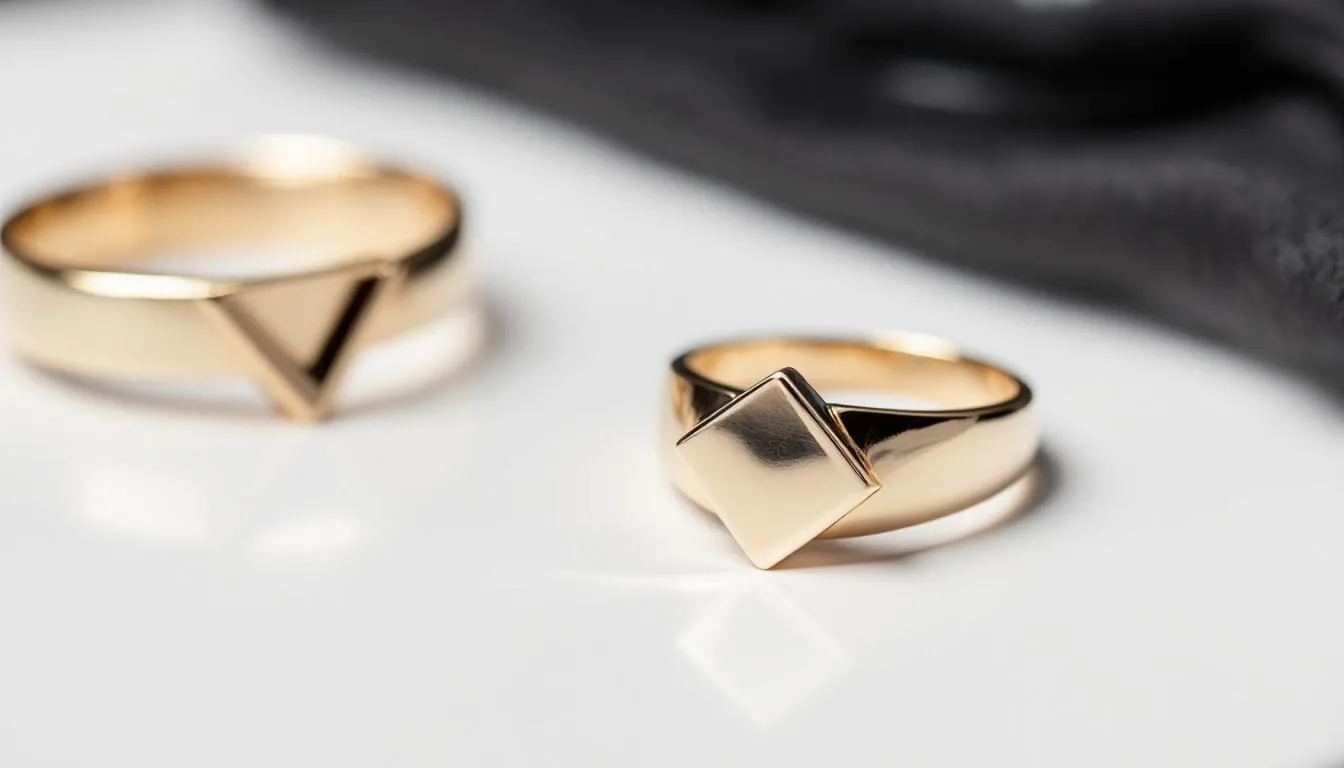 The image features a collection of sleek silhouette rings displayed elegantly, showcasing a polished design that complements both casual and dressy T-shirt styles. The rings, with their unique structures and narrow proportions, are perfect accessories to enhance your overall look and wardrobe palette.
