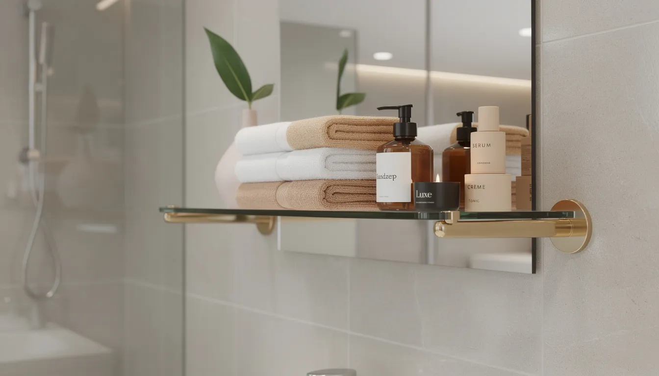 Een luxe badkamer met een glazen wandplank, ondersteund door messing beugels, waarop stijlvolle handdoeken en designaccessoires zijn geplaatst. De wandplank voegt een moderne uitstraling toe aan de ruimte en biedt praktische opbergruimte.