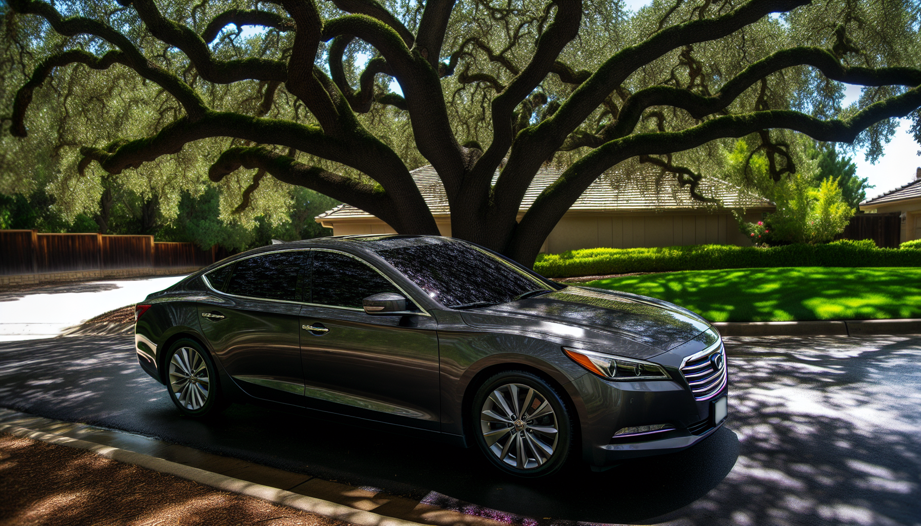 A car with professionally tinted windows parked under a shade