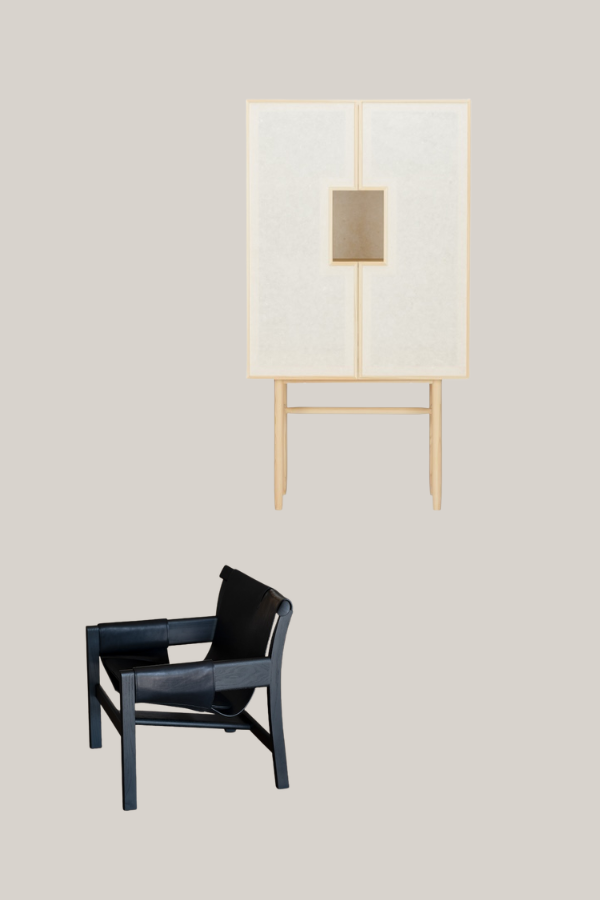 Minimalist Japanese cabinet in light natural wood with translucent sliding panels and a centered rectangular handle, elevated on slim legs accompanied by black chair