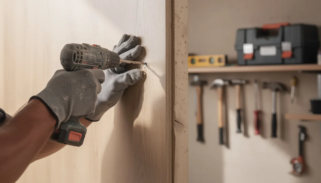 Twee handen bevestigen een houten wandpaneel aan de muur, terwijl gereedschap zichtbaar is op de achtergrond. Deze montage is een eenvoudige oplossing voor het verbeteren van het interieur met akoestische wandpanelen van hoge kwaliteit.