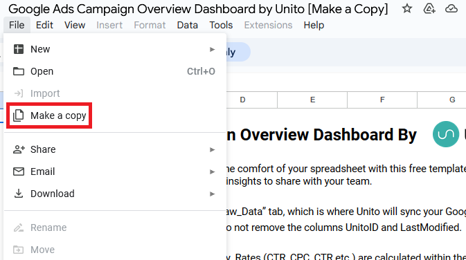 A screenshot of the File menu in Google Sheets, with Make a copy highlighted.