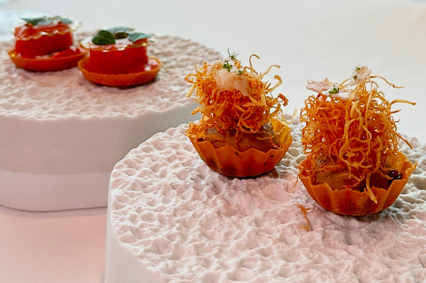 Gourmet appetizers on textured white plates; foreground features crispy nests in pastry cups, background shows red tarts with green garnish. Elegant presentation.