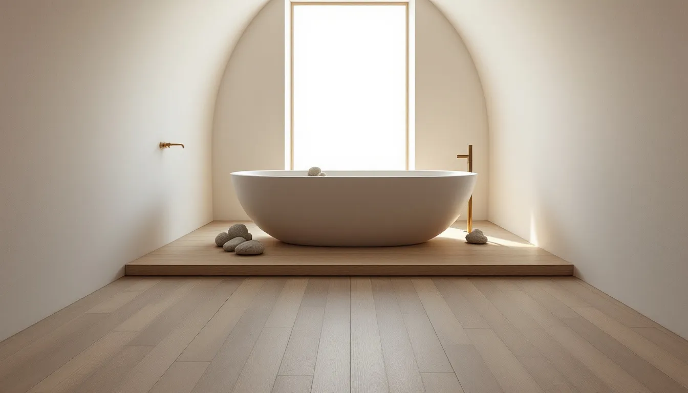A beautifully designed bathroom featuring wooden floorboards.