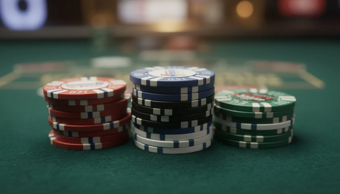 En bild av färgglada casinoklipp som är staplade på ett grönt filtbord, vilket skapar en livlig atmosfär som ofta förknippas med spelupplevelser på online casino som Casumo. Denna typ av miljö är typisk för live casino där spelare kan njuta av olika spel och bonusar.