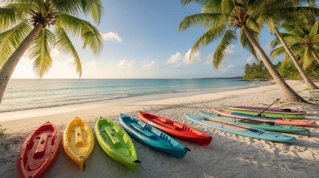 820683c9 ec08 4330 ac6a 1dd01b81923c The image depicts a vibrant scene of colorful kayaks and paddleboards neatly arranged on a sandy tropical beach, surrounded by tall palm trees swaying in the breeze. This picturesque setting highlights potential business opportunities in water sports rental, appealing to both local residents and foreign tourists exploring the beautiful beaches of Goa.