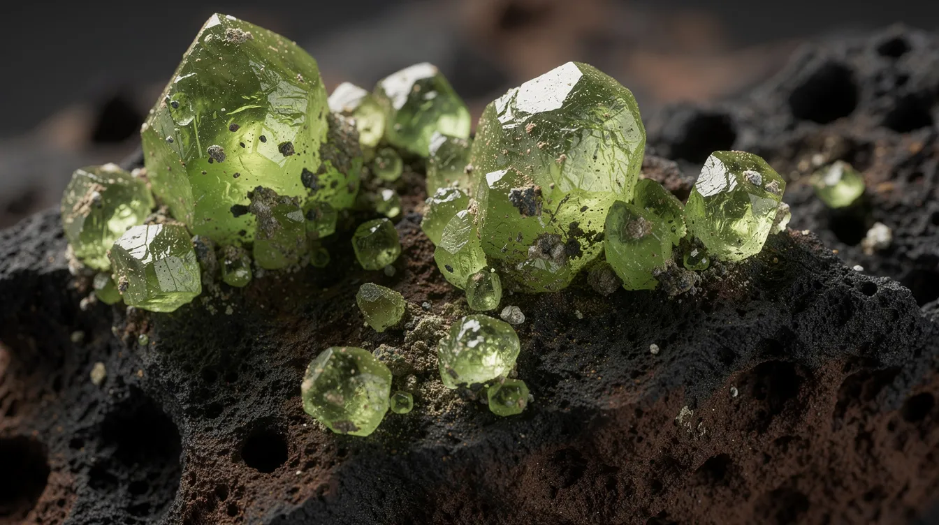 The image features a close-up view of rough peridot crystals, showcasing their vibrant bright grass green and yellowish green hues as they emerge from dark volcanic rock. This captivating gemstone, known as the birthstone for August, is a variety of the mineral olivine and has a rich history, being revered by ancient Egyptians for its beauty and believed healing properties.