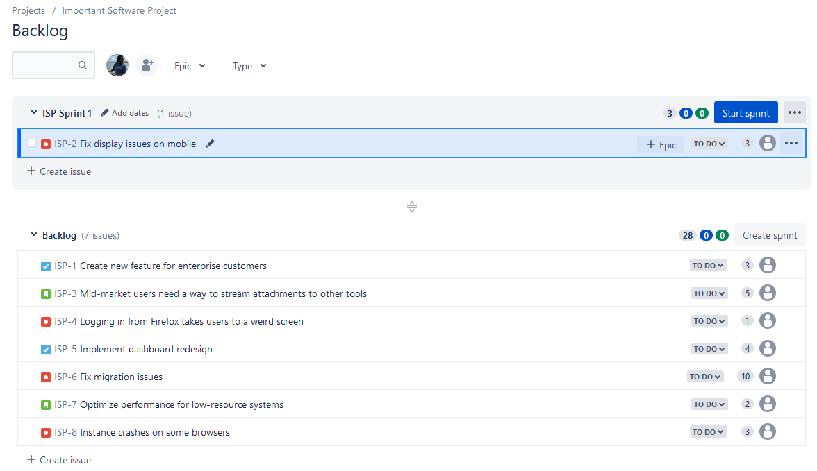 A screenshot of a new sprint in Jira with an issue added to it.
