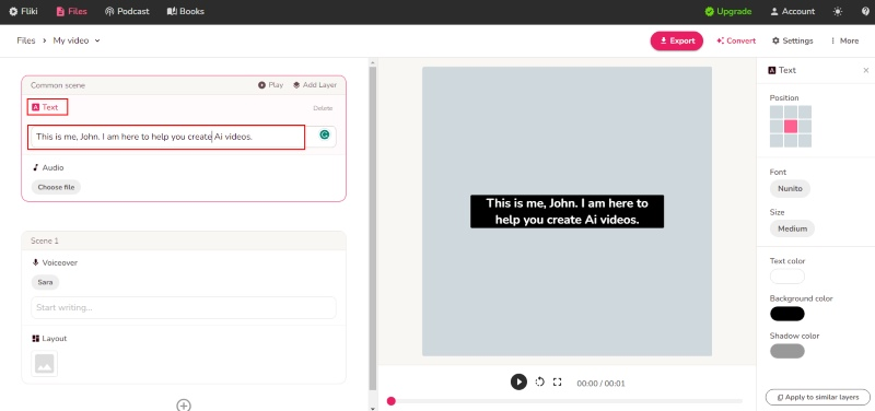 screenshot of fliki add script