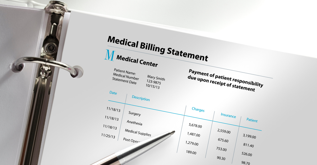 Image of a person looking at a large medical bill with medical debt.