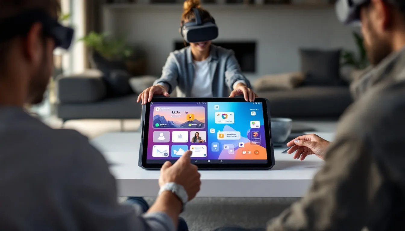 Menschen, die verschiedene Anwendungen auf einem Tablet nutzen.