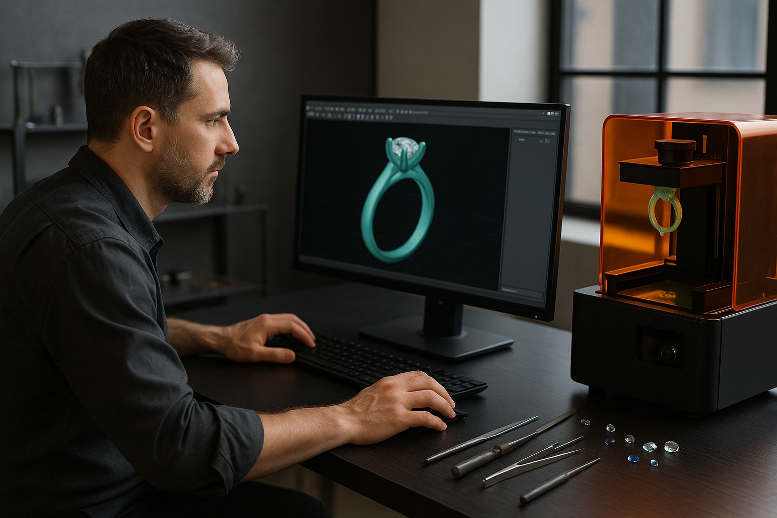 uvelyras kuria žiedo 3D modelį kompiuteryje ir perkelia jį į 3D spausdintuvą. Ant stalo matomi juvelyriniai įrankiai, brangakmeniai ir žiedo prototipas – šiuolaikinis juvelyrikos kūrimo procesas